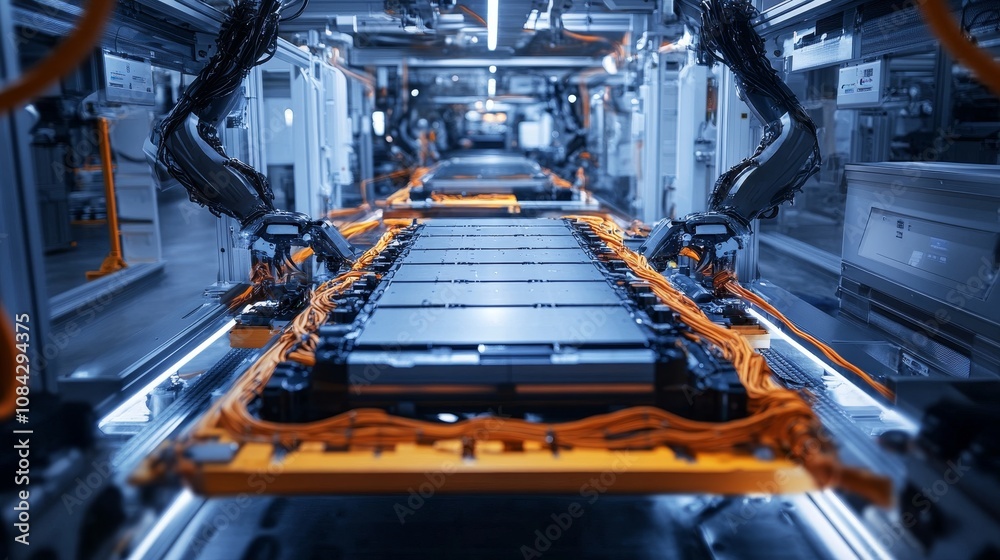 Poster automated production process factory industrial machinery high-tech environment close-up view roboti