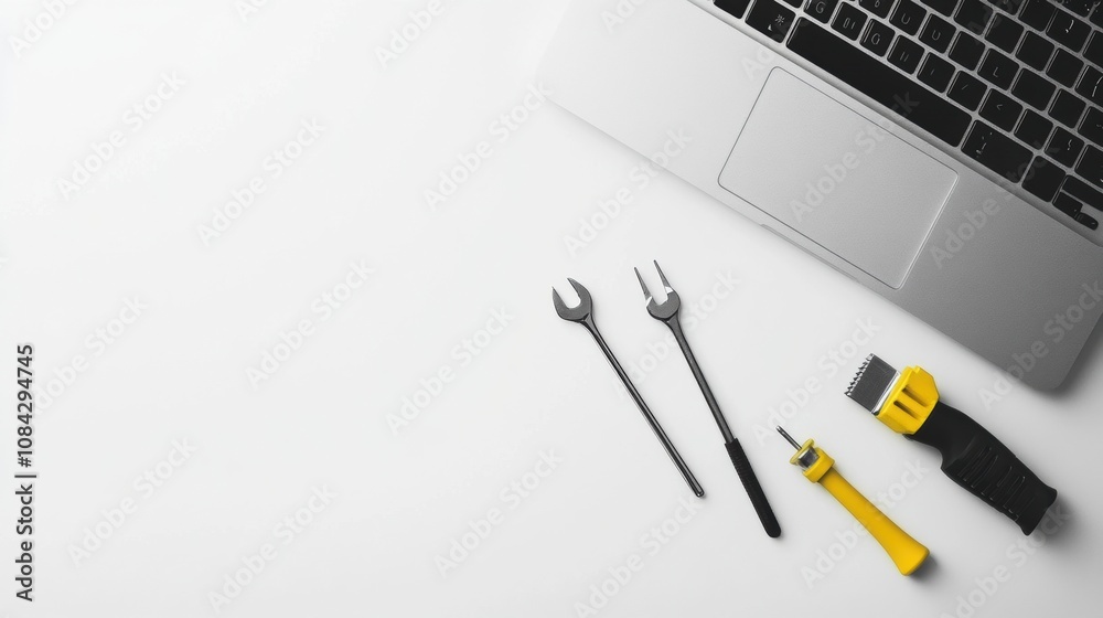 Aufkleber a laptop is placed on a clean workspace alongside various tools ready for computer repair and mainte