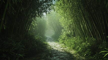 Obraz premium A narrow path winds through a bamboo forest, the dense canopy above creating a serene, peaceful atmosphere.