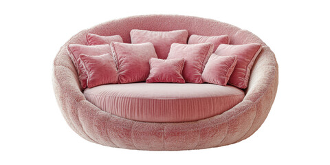 Pink plush circular sofa with pillows isolated on transparent background. Elegant and soft design