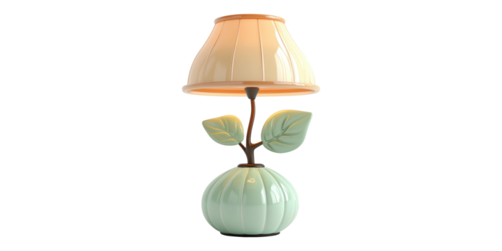 Mint green table lamp with leaf design isolated on transparent background. Decorative lighting piece