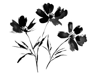 Minimalist black and white floral illustration with expressive brushstroke flowers and delicate stems. Ideal for wall art, textile patterns and branding. Vector illustration.