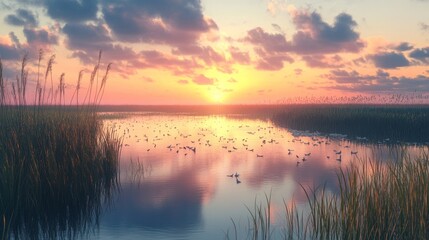Obraz premium A peaceful marshland at sunset, with reflective waters, tall grasses, and abundant birdlife, creating a serene, natural haven.