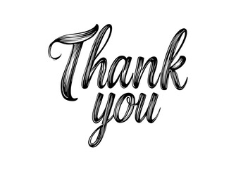 Handwritten Thank You calligraphy in bold brush font with detailed strokes on white background. Perfect for greeting cards, event invitations or thank you letters. Vector illustration.