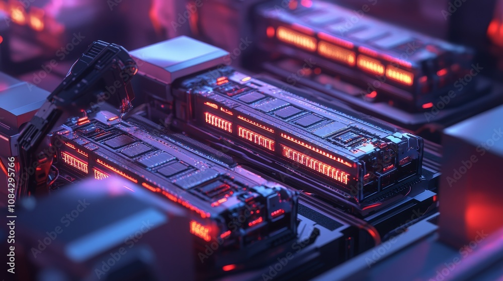 Poster high-tech server components data center digital art futuristic environment close-up view technology 
