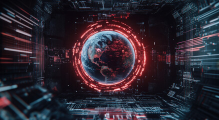 Fototapeta premium Futuristic planet Earth hologram at the center of a digital interface with a circuit board background, an AI technology concept.