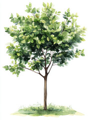Fototapeta premium Watercolor illustration of lush green tree with vibrant leaves, showcasing nature beauty and tranquility. Perfect for botanical art lovers