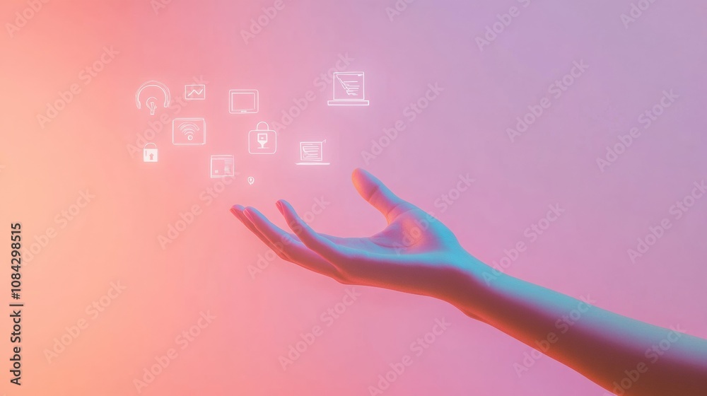 Aufkleber A hand extends towards a glowing computer screen filled with various technology icons, representing security and settings options. Generative AI