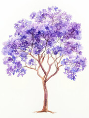 Obraz premium beautiful watercolor illustration of jacaranda tree with vibrant purple flowers, showcasing its elegant branches and lush foliage