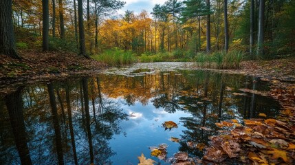 Obraz premium Autumn Reflections in a Forest Pond