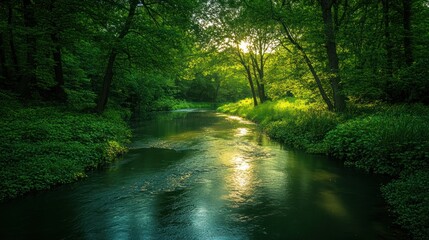 Fototapeta premium Serene River Flowing Through Lush Greenery