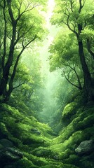 Obraz premium A tranquil forest scene filled with lush green foliage and dappled light, creating a serene and peaceful atmosphere among towering trees and gentle slopes.