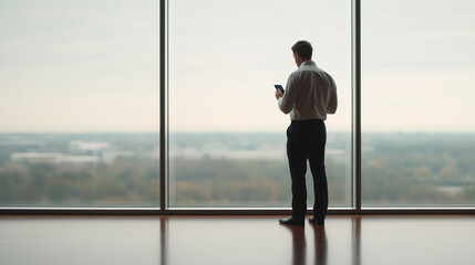 Fototapeta premium Businessman gazing out at city view while using his smartphone