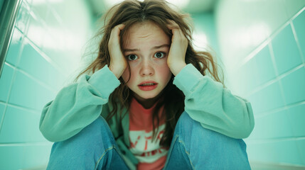 Young girl sitting on the floor in a school hallway, anxiously holding her head in her hands