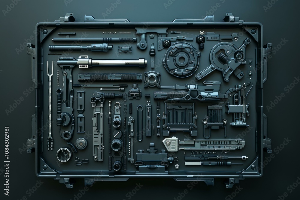 Poster collection of futuristic looking mechanical components are displayed in an organised way inside a ca