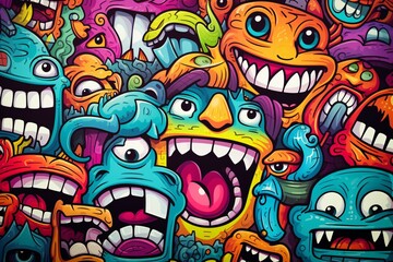 Fototapeta premium Monster Graffiti Background, Colorful graffiti cartoon monster characters background, cartoon characters Graffiti Background, Graffiti Background, AI Generative
