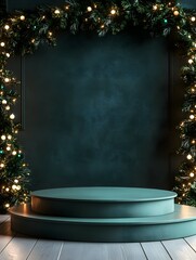 cylindrical podium for displaying cosmetics and product with Christmas decorations, soft light