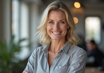 Fototapeta premium senior woman smiles camera office successful background design industry