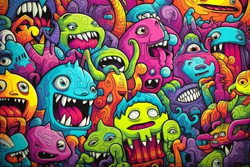 Fototapeta premium Monster Graffiti Background, Colorful graffiti cartoon monster characters background, cartoon characters Graffiti Background, Graffiti Background, AI Generative