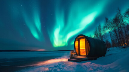 A small group of travelers experiencing the Northern Lights while relaxing in a sauna by a frozen lake in Finland.