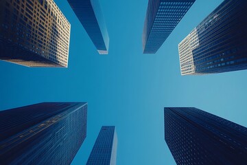 Upward View of Tall Glass Skyscrapers in City