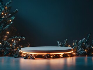 cylindrical podium for displaying cosmetics and product with Christmas decorations, soft light