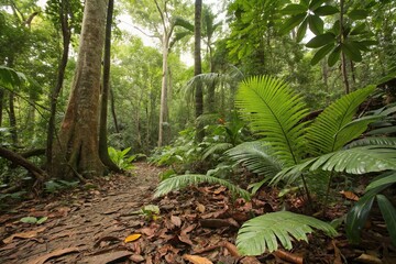 Fototapeta premium Tropical forest floor with various types of plants and leaves, tropical forest, plant life