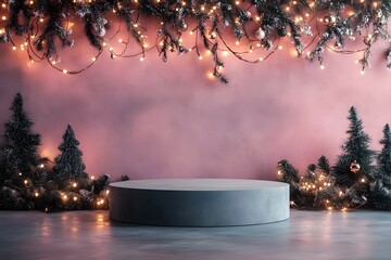 cylindrical podium for displaying cosmetics and product with Christmas decorations, soft light