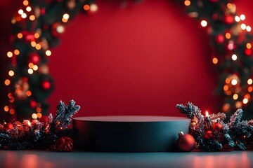 cylindrical podium for displaying cosmetics and product with Christmas decorations, soft light