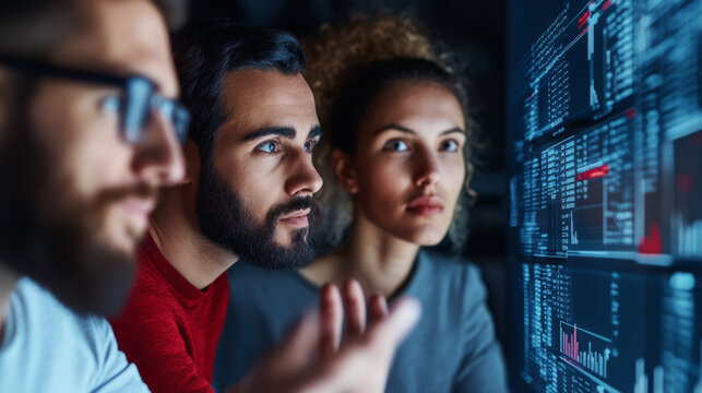 A team of data scientists discussing the impact of big data transformation on business decision-making, with data analytics tools displayed.