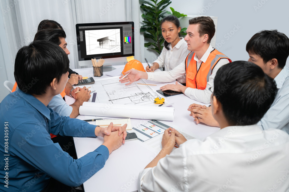 Poster diverse group of civil engineer and client working together on architectural project, reviewing cons