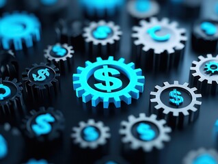 Policy analysis impact, gears with currency and law symbols turning unevenly, 3D illustration