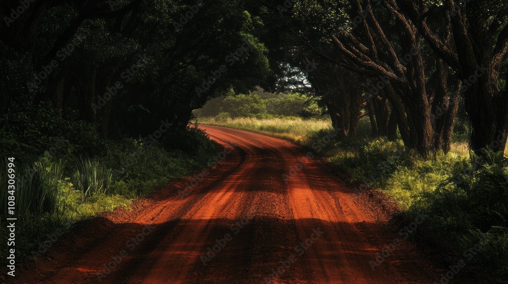 Poster A road with a dirt path and trees on either side