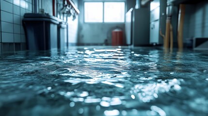 A flooded kitchen with water covering the floor, reflecting light and creating a wet environment that suggests a plumbing issue or heavy rain.