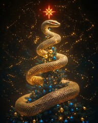Traditional Christmas tree decorated with golden lights and blue ornaments beneath golden cobra's coils. Chinese New Year Celebration 2025.