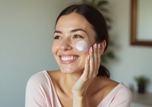 woman feels happy self care skincare routine home every day