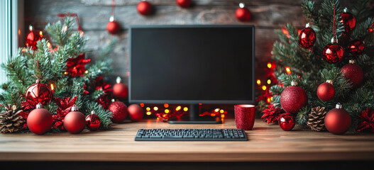 Christmas Desk Setup with Festive Decorations and Computer Screen for Holiday Work