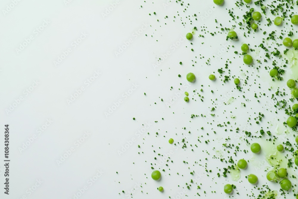Poster A collection of vibrant green peas and droplets of juice arranged on a stark white background creates a visually appealing display. Generative AI