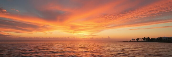 Vibrant sunset sky reflecting on calm ocean waters with distant palm trees, ocean