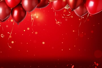 Red Balloons Wallpaper, helium balloons Background, Red balloons celebration background with copy space, Balloons with confetti Background, International Women's Day, Mothers Day, AI Generative