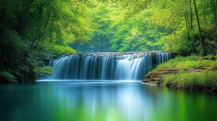 Stunning waterfall cascading into tranquil pond in lush green forest