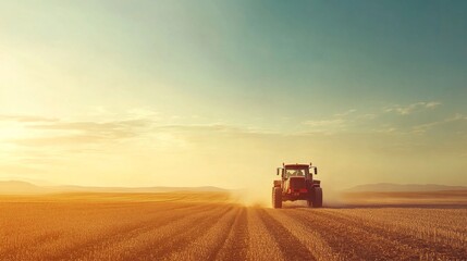 Fototapeta premium A tractor drives through a sunlit field, kicking up dust against a backdrop of blue sky and soft clouds during golden hour.