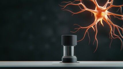 A close-up view of a neuron illustration alongside a laboratory flask, symbolizing brain research and technology.