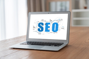 SEO search engine optimization for modish e-commerce and online retail business showing on computer...