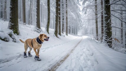 Winter-ready dog with cozy boots enjoying a scenic snowy forest path