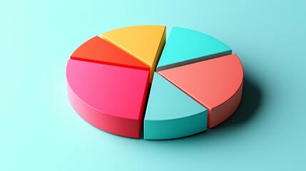 Obraz premium A minimalist 3D pie chart featuring vibrant, colorful segments in pink, teal, orange, and red, set against a light teal background.