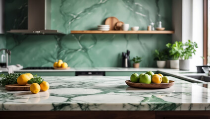 Marble table top on blur kitchen room background, Modern Contemporary green kitchen room interior 
