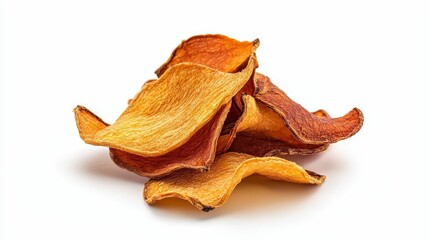 Fototapeta premium banana is a delicious fruit and a healthy food concept. Crispy, golden-brown sweet potato chips stacked in a pile, showcasing their crunchy texture and appealing color against a white background.