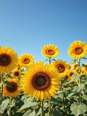 Fototapeta premium Vibrant field of blooming sunflowers under a clear blue sky, nature, agriculture, flora