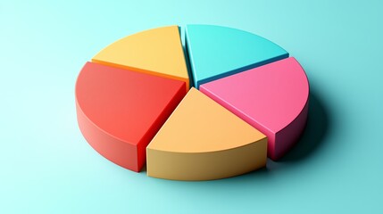 Obraz premium A minimalist 3D pie chart featuring vibrant, colorful segments in pink, teal, orange, and red, set against a light teal background.